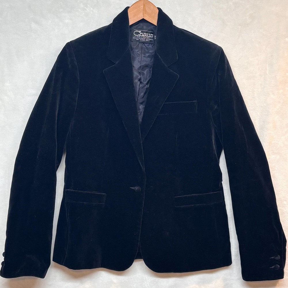VTG Black Velvet Blazer 90s Dark Academia Goth Jacket Chaus Cotton Velvet 9/10